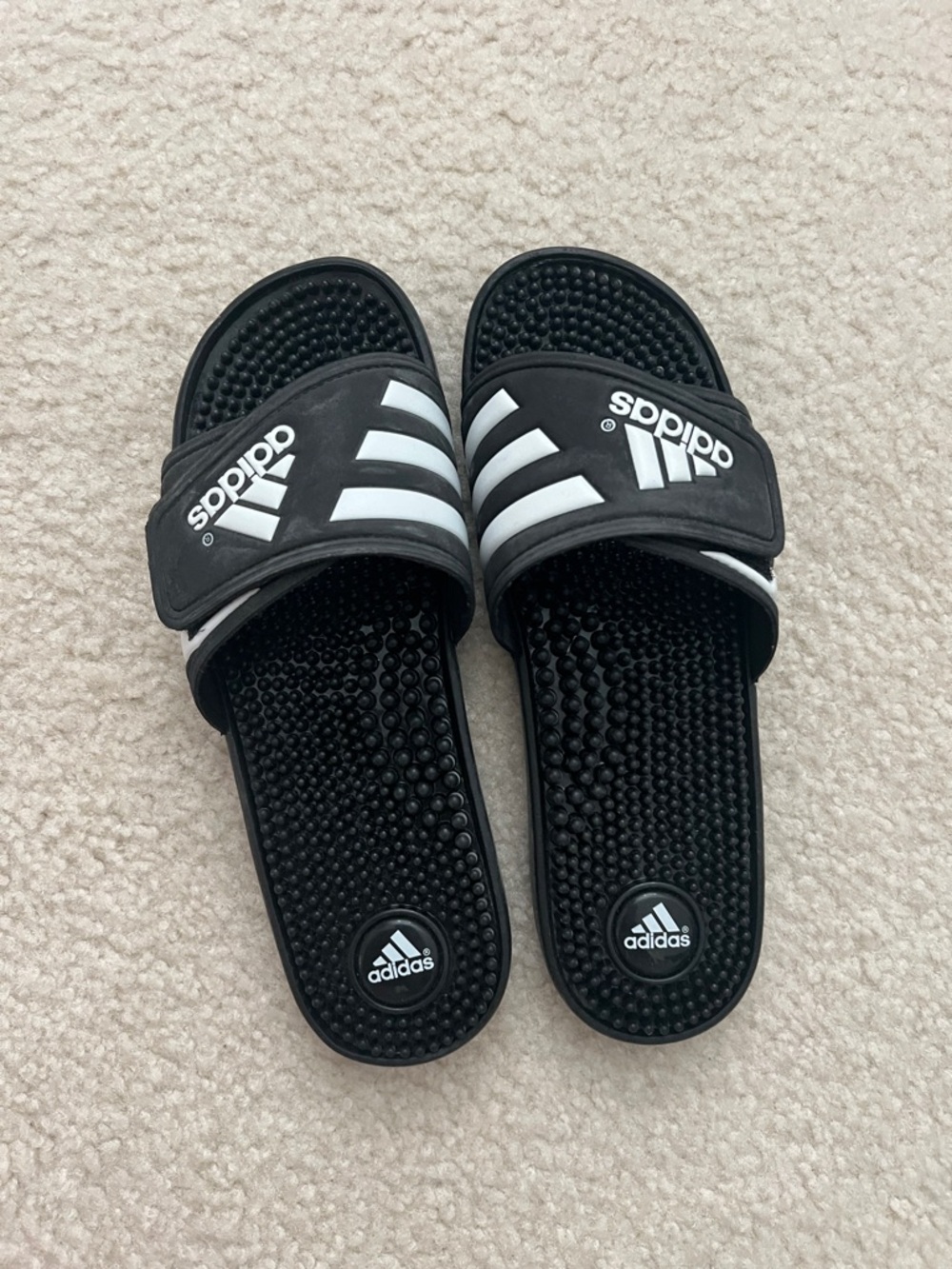 adidas Black Slide Sandals with White Stripes - Picture 1 of 2